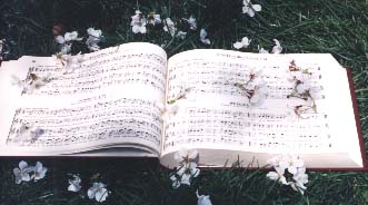 [photo of open Sacred Harp tunebook (1991
Edition) on grass with fallen cherry blossoms]