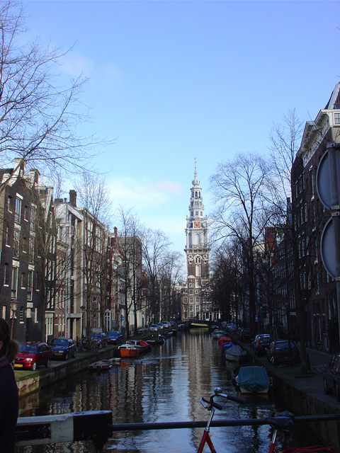Zuiderkerk's tower viewed from bridge over the Groenburgwal
