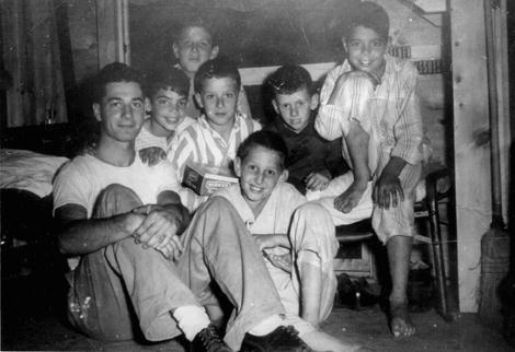 graphic image: Maury at ten years old with bunkmates of his summer camp cabin