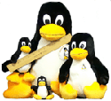 graphic image: cartoon of Tux (Linux logo penguin) and family