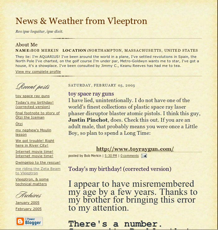 graphic image: screenshot of Bob's blog, 'News & Weather from Vleeptron'