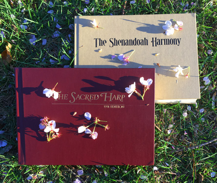 [photo of Sacred Harp and Shenandoah Harmony tunebooks on grass
with fallen cherry blossoms]